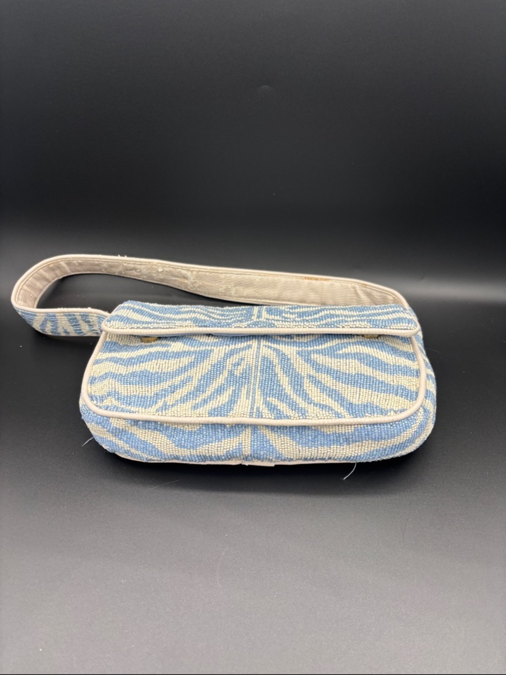 STAUD Tommy Beaded Shoulder Bag - Blue & White - Interior Strap is Peeling Some - Picture 5 of 13
